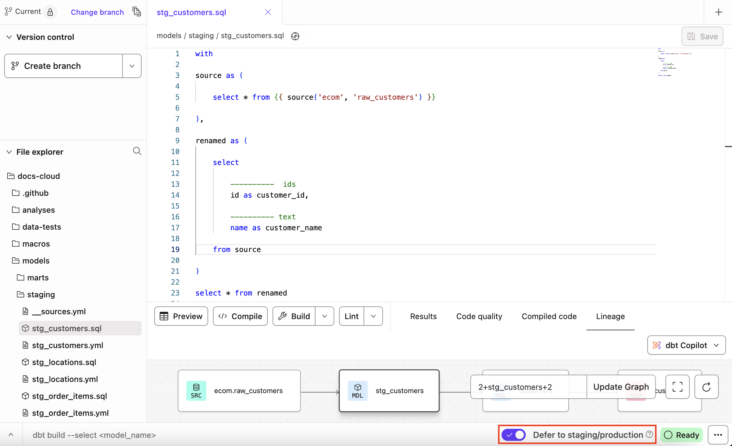 Select the 'Defer to production' toggle on the bottom right of the command bar to enable defer in the Studio IDE. Select the 'Defer to production' toggle on the bottom right of the command bar to enable defer in the Studio IDE.